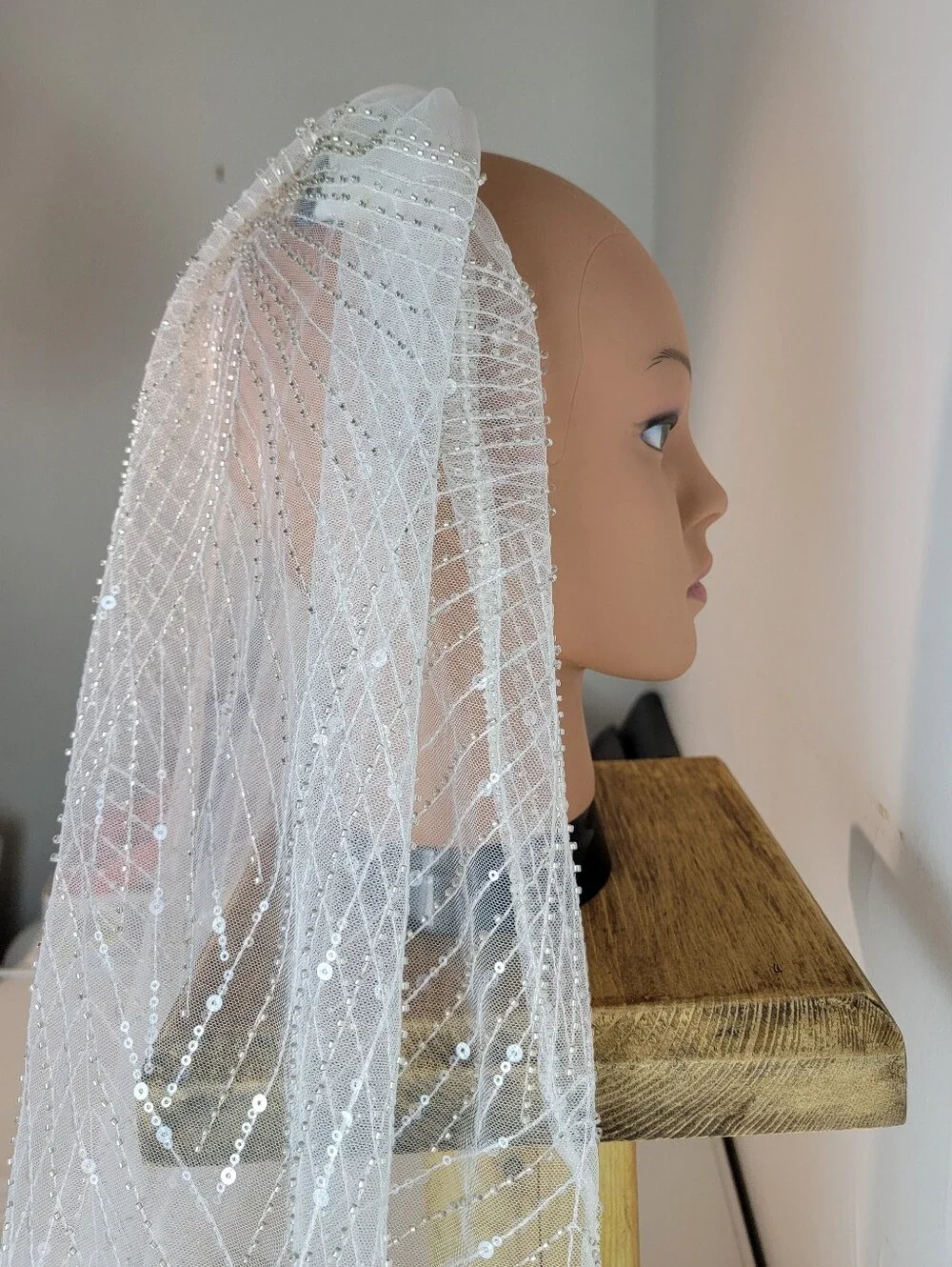 White Tulle Net Ballet Length Veil W/ Faux Pearl Edge, Sequins, Beads, & Comb
